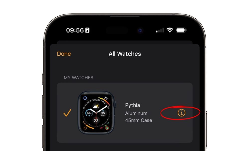 image showing info button on how to reset apple watch without passcode